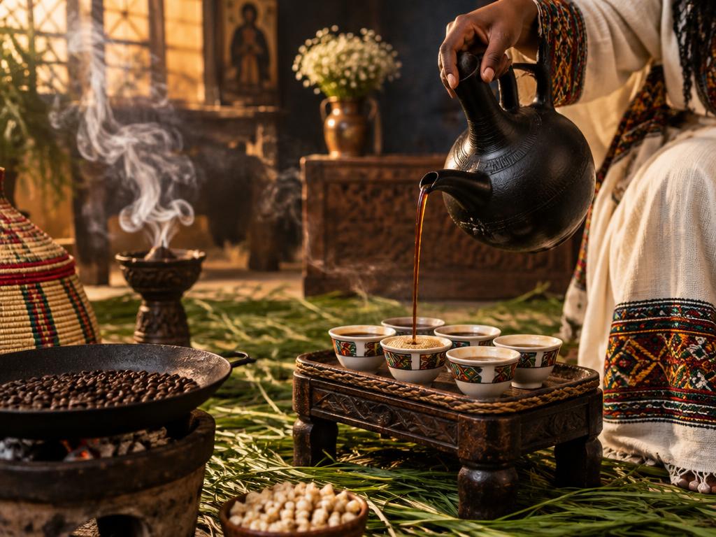 Coffee poured from a jebena into small cups