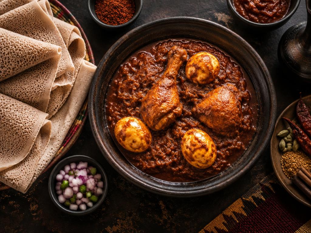 Traditional doro wat served with injera
