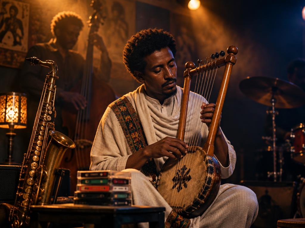 Musician playing a krar beside a brass saxophone